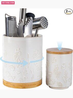 Vintage Ceramic Utensil Crock Set with Airtight Lid and Rotating Base,